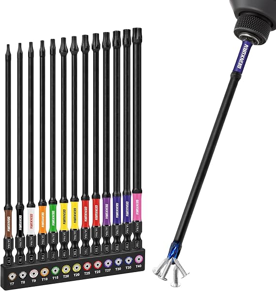 GEINXURN 13-Piece T-Tox Bit Set, S2 Alloy Steel, Impact Bits 150 mm Length, Impact Resistant TT7-TT40, Colour-Coded Base, for Screwdrivers