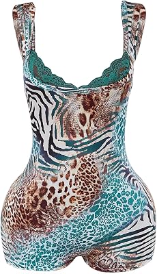 WDIRARA Womens Leopard Sleeveless Bodycon Romper Lace Trim Shorts Jumpsuits Unitards