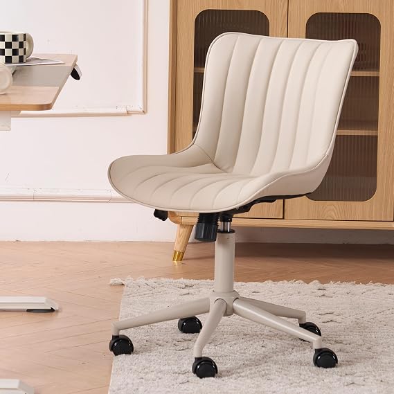 YOUNIKE Office Desk Chair with Wheels Armless Vanity Chair Ergonomic Cream | Faux Leather Upholstered with Rocking Back, Swivel Height Adjustable, Modern Small Cute Task Chair For Sewing Drafting