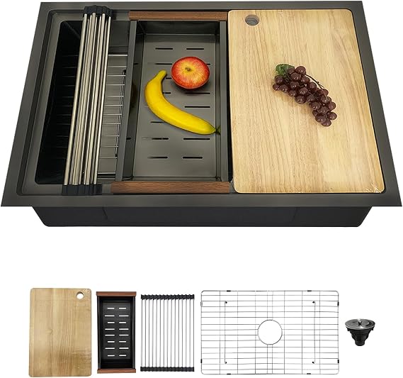 30" Stainless Steel Workstation Kitchen Sink Undermount Single Bowl Sink with Built-in Accessories, 16 Gauge Construction, Ledge System for Chopping, Rinsing & Drying