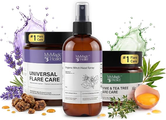 MyMagicHealer Complete Flare Care TRIO Universal & Thyme Tea Tree Drawing Salve with Organic Witch Hazel Spray | Care for HS, Boils, Breakouts & Irritated Skin | Natural Ingredients (4 oz x 1 oz x