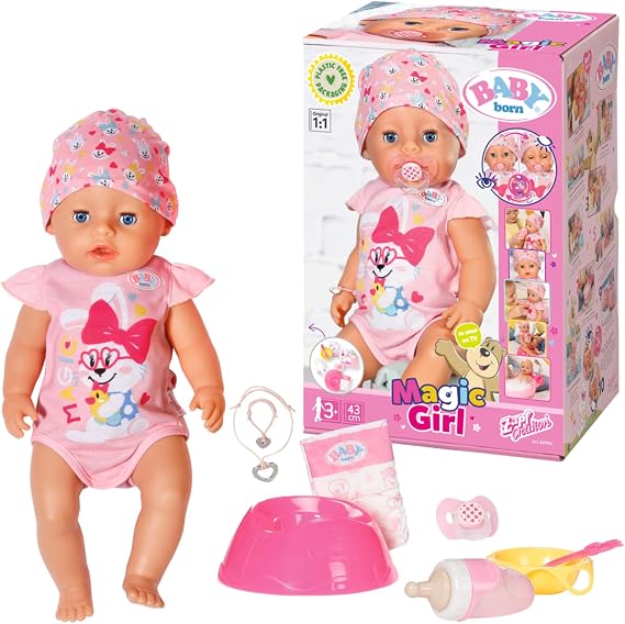 BABY born 827956 43cm Dummy-Realistic Doll with Lifelike Functions-Soft to The Touch, Movable Joints-Eats, Sleeps, Cries & Uses The Potty-11 Accessories-Pink, Magic Girl