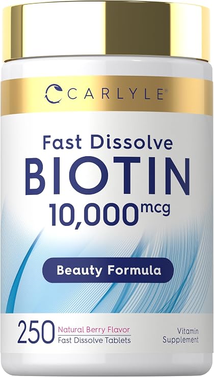 Carlyle Biotin 10000mcg | 250 Fast Dissolve Tablets | Max Strength | Vegetarian, Non-GMO, Gluten Free Supplement