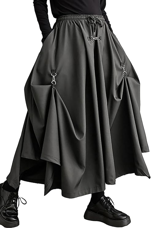 ellazhu Women's Oversized Irregular Drop Crotch Harem Hakama Pleated Drawstring Pants GZ116 A