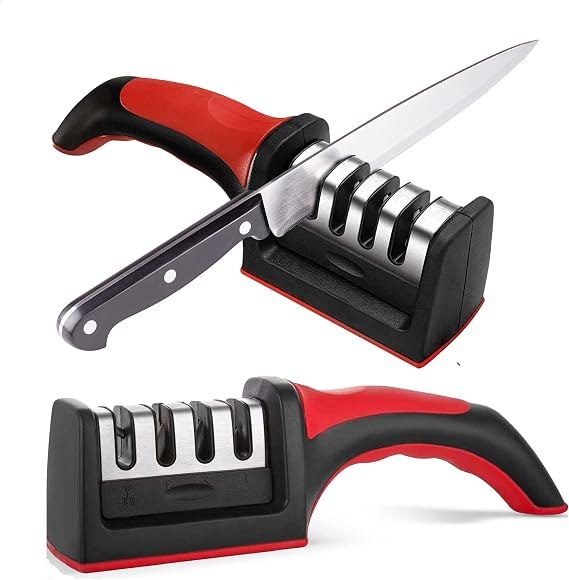 Knife Sharpeners for Kitchen Knives Stainless Steel 4 in1 Kitchen Knife Sharpener Ergonomic and Easy to Use Knife Sharpening Kit with 4 Stage Sharpening Slots