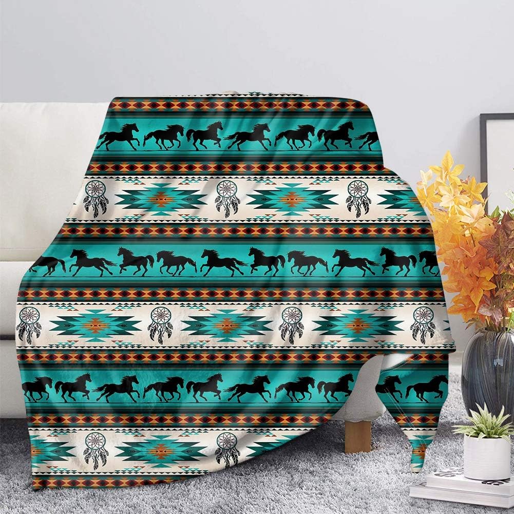 Binienty Soft Durable Bedding Blanket for Kids Adults, Navajo Style Aztec Horse Dream Catcher Pattern Fleece Blankets, Turquoise Color