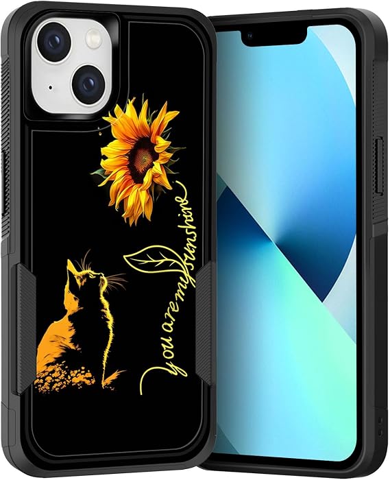 iPhone 15用ケース デュアルレイヤー ハイブリッド 高耐久 頑丈 耐衝撃 ハードPC + ソフトシリコン保護ケース iPhone 15 6.1インチ 2023年用 猫 You are My Sunshine
