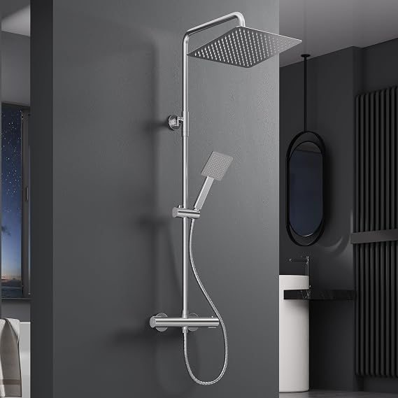 Square Rainfall Shower System - Thermostatic Bar Mixer with 12" Handheld, Adjustable Riser Rail Kit, Anti-Leak Hose, Tap — Wall Mounted