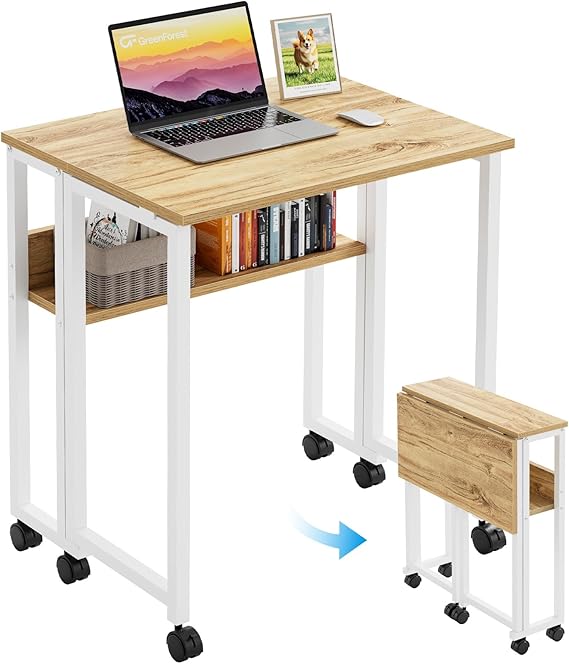 GreenForest Folding Desk 80 cm with Storage Shelf and Wheels, Oak | Portable Foldable Desk for Small Space, Home office, Flat, Sewing, Craft, Study, Studio, Compact and Sturdy, Easy to Assembly