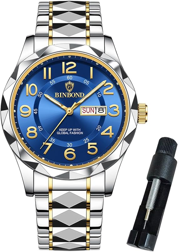 BINBOND Watch for Men Luxury Big Face Business Dress Analog Quartz Two Tone Stainless Steel Date Casual Wrist Watches Waterproof Luminous