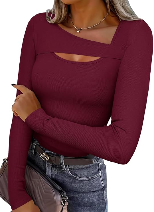 REORIA Women Ribbed Long Sleeve Cutout Tops | 2026 Fall Trendy, Slim Fit, Y2K, Fashion, Double Lined, Going Out T Shirts