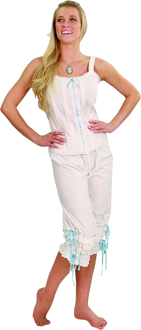 Museum Replicas New Orleans Camisole Victorian Steampunk White Cotton Top with Blue Ribbon Trim Button-Up Blouse