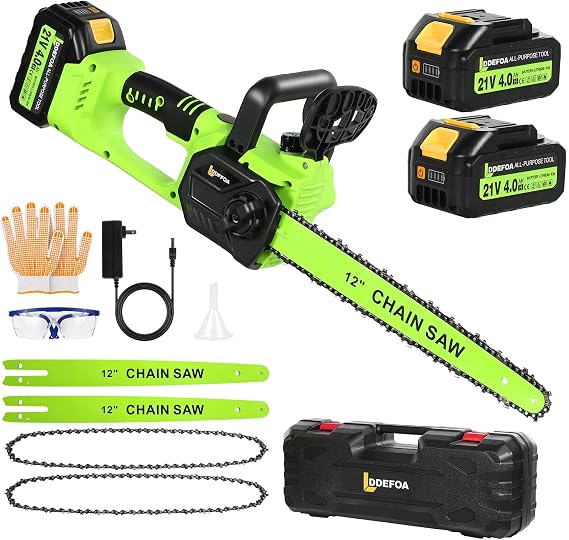 12" Electric Chainsaw Cordless, 21V Battery Chainsaw 2 x 4.0AH Battery, power chain saws with 2xChains & Guide Plate, Handheld Electric Power Chain Saw w Auto Oiling for Wood Cutting Trimming Branch