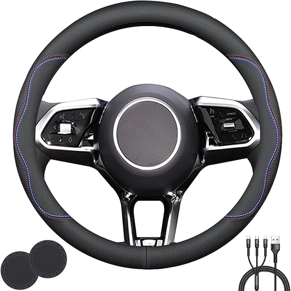 Universal Steering Wheel Cover for 14.5"-15" Steering Wheel | Stylish Non-Slip Leather Steering Wheel Cover with 2 Coasters and 3-in-1 USB Charging Cable (Style A)