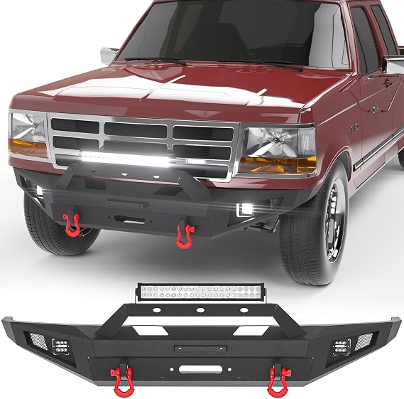 Front Bumper Full Width Offroad Bumper Compatible with 1992-1997 Ford F150 F250 F350 Pickup Trucks, Heavy Duty Steel Bumper w/Winch Plate & 2 X 39W LED Lights& 2 X D-Rings, Black