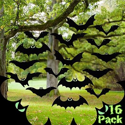 Hanging Bats Halloween Decorations Outdoor - 16 Pack Glowing Eyes Large Flying Bats 5 Different Size, Waterproof Plastic Realistic Black Bats Hanging in Tree Outside Halloween Decoration for Porch