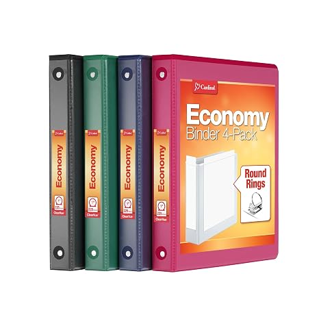 Cardinal 3 Ring Binders, Binders for School and Office, Durable 1 Inch, Round Rings, Holds 225 Sheets, ClearVue Presentation View, Non-Stick, Assorted Colors, 4 Pack (1017672)
