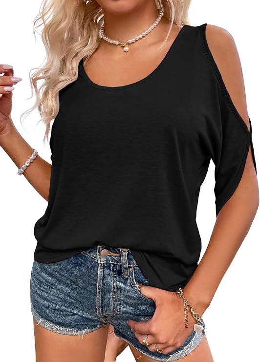 Aoysky Womens Cold Shoulder Tops Short Sleeve Scoop Neck Tee Tunic Tops