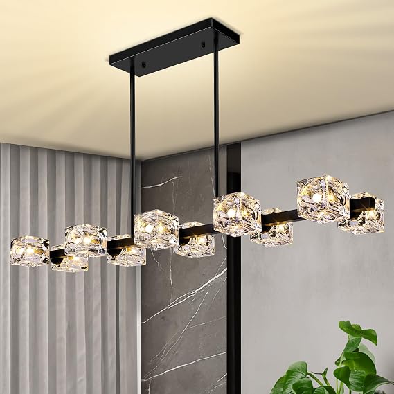 GoBright 10-Light Dining Room Light Fixture, Black Modern Chandelier with Crystal Cube Shade, Industrial Pendant Light Fixtures for Living Room, Bedroom, Kitchen, Bar, Long Table, G9 Base