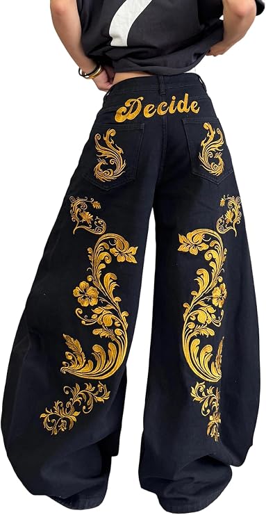 Womens Embroidered Baggy Jeans Hip Hop Wide Leg Pants