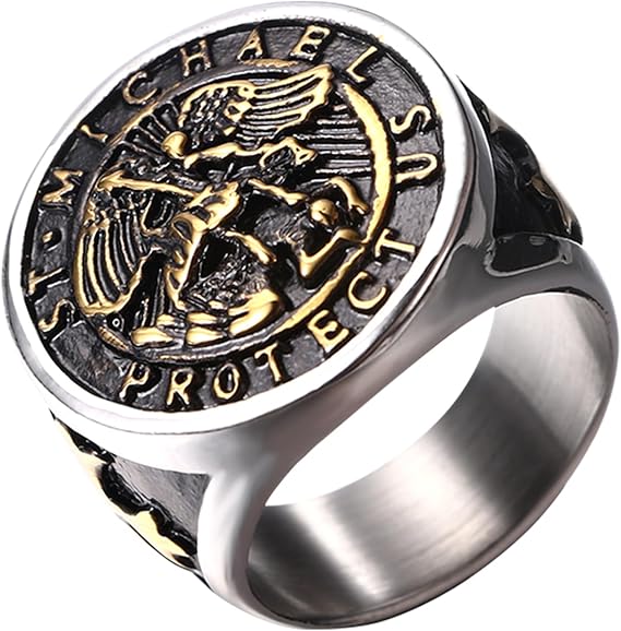Flongo Saint Michael Ring for Men: Religious San Miguel Arcangel Medalla Ring Gothic Sliver Ring Amulet Jewellery Gift