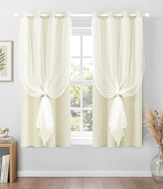 100% Blackout Curtains with Sheer Overlay, Beige, 52 x 63 inch, 2 Panels