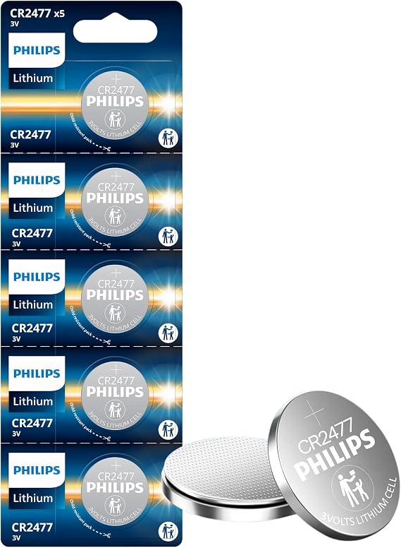 Philips CR2477 3v Lithium Battery 5-Pack, CR 2477 Battery | 10 Year Shelf Life | Leak-Proof Design | Ideal for Sensors, Industrial Use, Car Key Fobs, Fitness Trackers, Monitors, Medical Devices.
