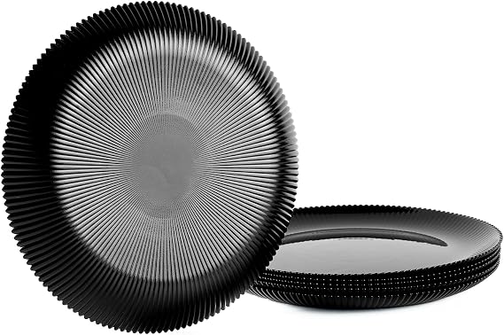 LaGlint 10.5 inch Ribbed Dinner Plate Set of 6, Round Opal Glass Black Dinnerware Plates, Dishwasher and Microwave Safe