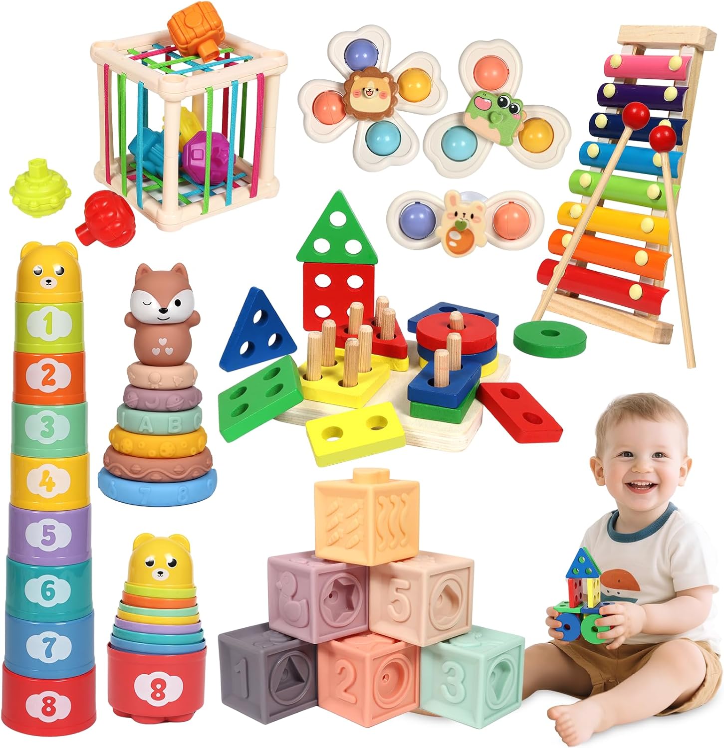 Montessori 7-in-1 Aktivitätsset für Kleinkinder 18–36 Monate – Spielzeug mit Stapelblöcken Beißring & Sensorik-Spiel Geschenkidee