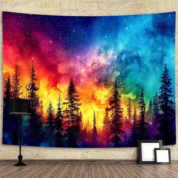 JAWO Fantasy Galaxy Pine Tree Forest Tapestry, Colorful Starry Sky Stars Night Forest Landscape Natural Art Wall Hanging Tapestry for Bedroom Dorm Living Room 40x30in