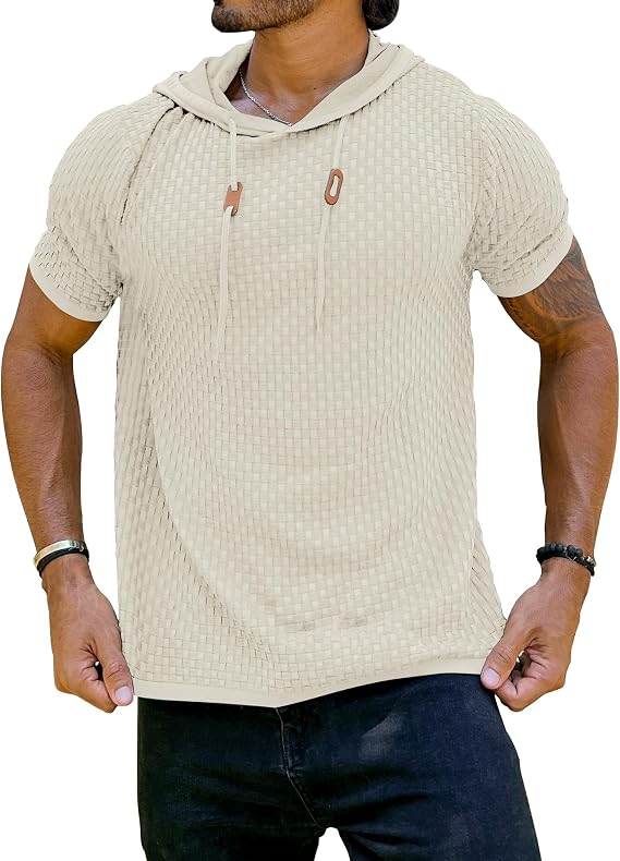 Zaitun Men's Short Sleeve Hoodie Shirt Casual Waffle Knitted Pullover Sweater