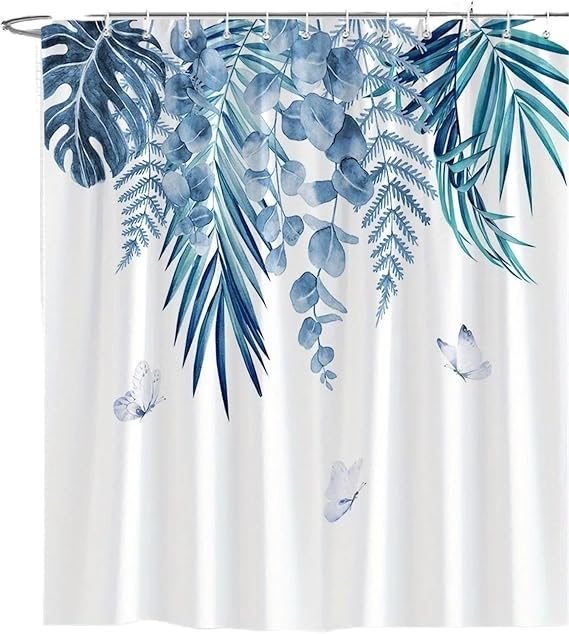 Waterproof Shower Curtain 1 Tropical Leaves And Butterflies Shower Curtain - Light Blue Green Watercolor Botanical Pattern With Hooks Machine Washable(200x180cm)