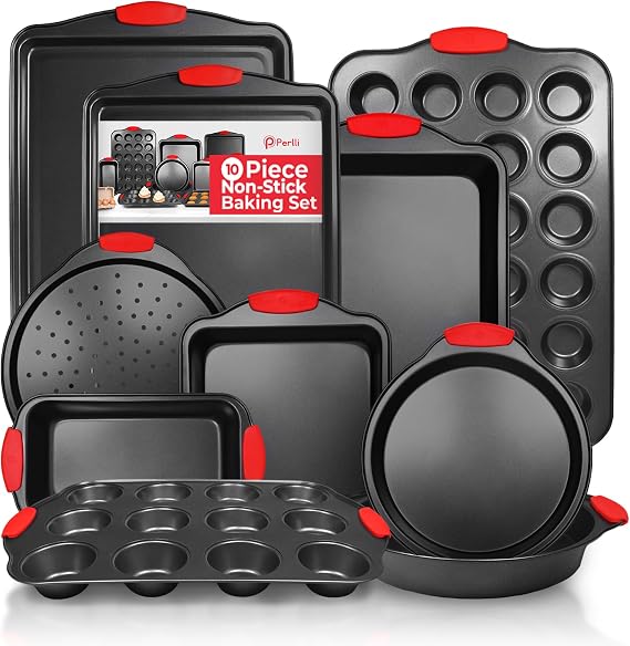 Non-Stick 10-Piece Baking Pan Set, BPA-Free Carbon Steel Bakeware Set with Silicone Handles, Stackable Kitchen Oven Set, Cookie Sheet, Baking Tray, Baking Sheet Set, Oven Safe (446F)