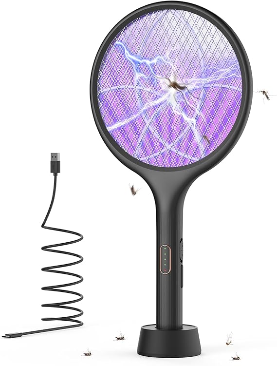 YISSVIC Electric Fly Swatter 4000V Bug Fly Zapper Racket Mosquito Killer 1500 mAh 3 Layers Mesh with USB C Cable Stand Base for Indoor Outdoor