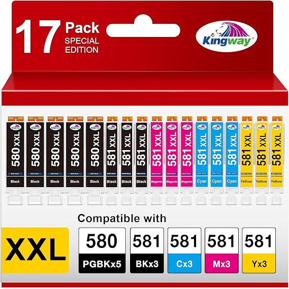 KINGWAY 580XXL 581XXL Ink Cartridges 17-Pack, Replacement for Canon 580 & 581 Ink Cartridges, Compatible with Pixma TS705 TR8550 TR7550 TS8350 TS8351 TS6350 TS6250 TS6251 TS6150 TS6151 TS8352 TS9550