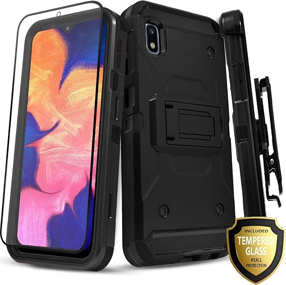 STARSHOP Compatible for -Samsung Galaxy A01 Phone Case, [NOT FIT A10E/A10/S10] with [Tempered Glass Screen Protector] Heavy Duty 12 Feet Drop Protection Kickstand Cover and Locking Belt Clip- Black