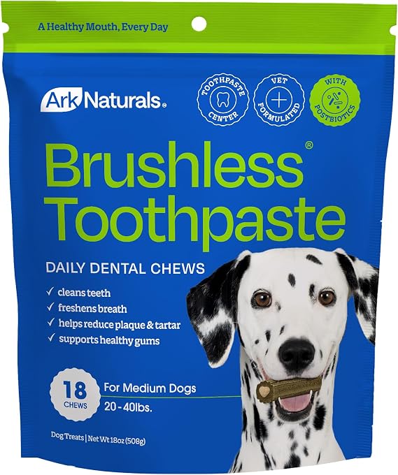 Ark Naturals Brushless Toothpaste Dog Dental Chews - Medium Breeds (18 ct) | Vet Formulated Dog Dental Chew with Toothpaste Center - Freshens Breath, Reduces Plaque & Tartar