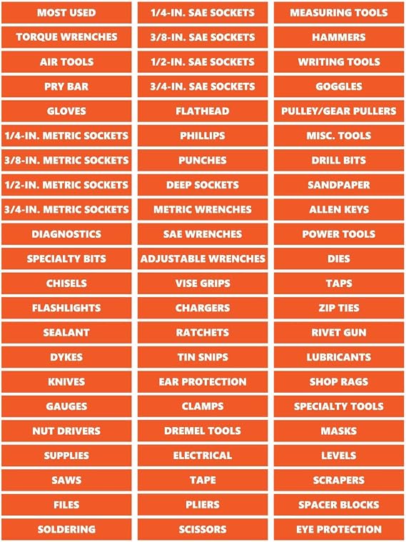 66-Piece Ultimate Toolbox Magnetic Labels Set Bold, Durable, Easy-to-Read Tool Organization Magnets (Burnt Orange, 0.75 H x 4.5 W) by DCM Solutions