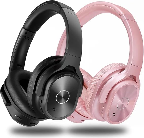 ZIHNIC 2 Items,1 Rose Active Noise Cancelling Headphones Bundle with 1 Black Bluetooth Wireless Headset