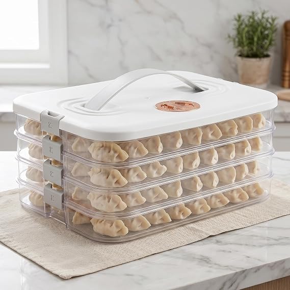 4 Layer Dumpling Box Cookie Containers with Lids Stackable Food Storage Container for Fridge Freezer Snack Organizer 12x9.1x5.9 Inch