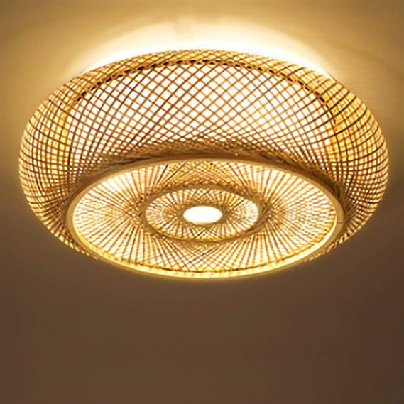 20" Flush Mount Ceiling Light Fixture Boho Rattan Ceiling Light Fixture, Hand-Woven Shade Bamboo Woven Wicker Light Fixture Drum Rustic Farmhouse Chandelier for Dining Room Bedroom Restaurant