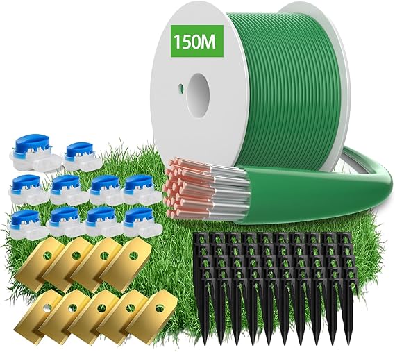 150m Boundary Cable for Robotic Lawnmower - Headley Tools Boundary Wire+50x Pegs+10x Connectors+9x Titanium Blades Accessory Set for Search Cable, Compatible with Gardena/Husqvarna/Worx