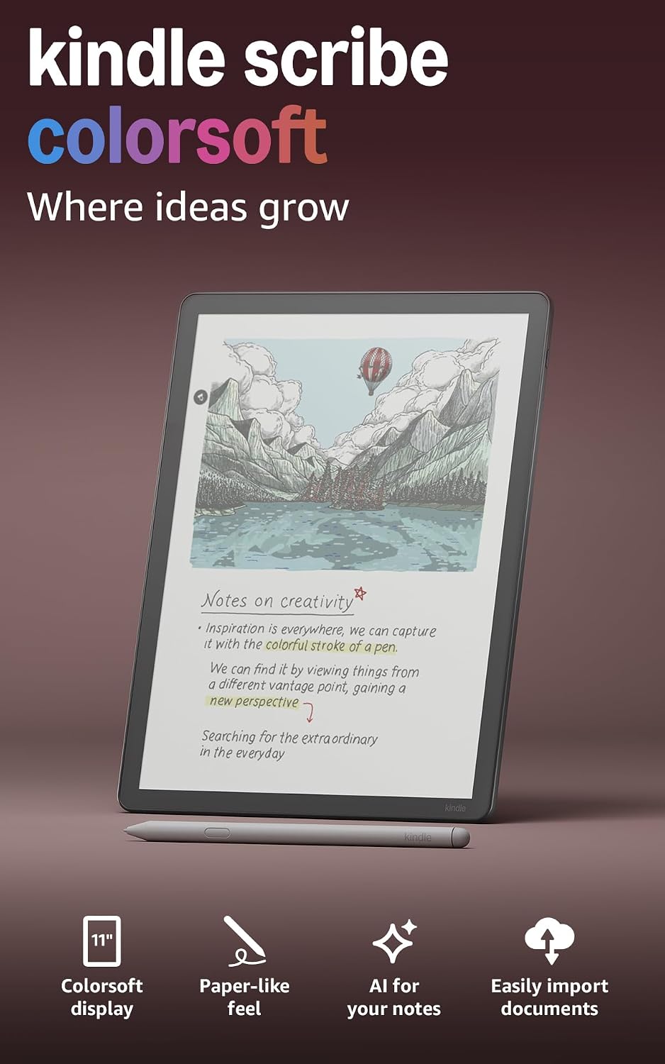 Amazon Kindle Scribe Colorsoft (newest gen), paperlike colour display, front light, thin, powerful, built in notebook, documents, books, Graphite + Kindle Unlimited