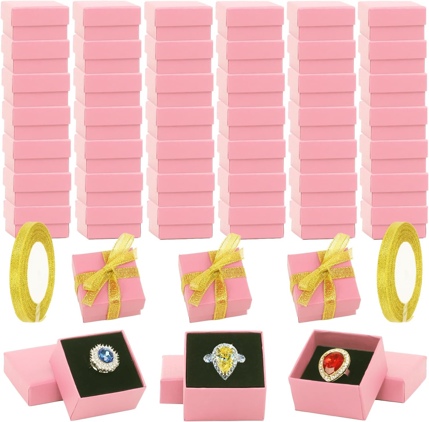 Nsmykhg Cardboard Ring Gift Box with 2 Roll Gold Tie Ribbon,48 Pack Small Jewelry Gift Box Earring Gift Box Ring Gift Box Set,Small Hard Earring Jewelry Box for Birthdays,1.97 x 1.97 x 1.2 In Pink