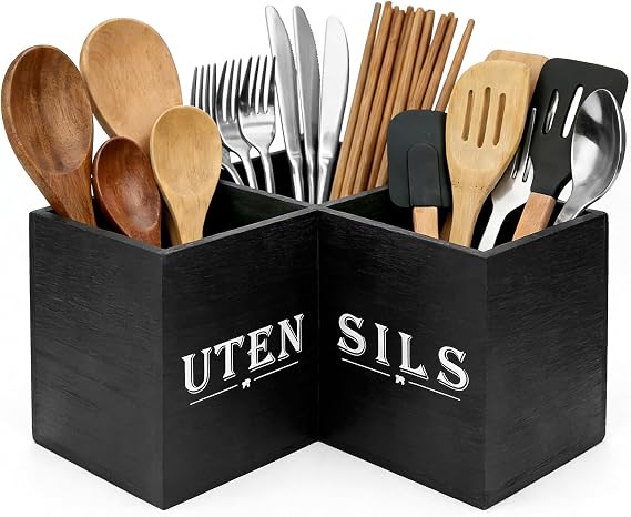 Extra Large Kitchen Utensils Holder - Black Utensil Holder Cooking Utensil Organizer with 3 Compartment Wooden Corner Utensil Caddy Farmhouse Cutlery Caddy, Cooking Tools Storage for Countertop