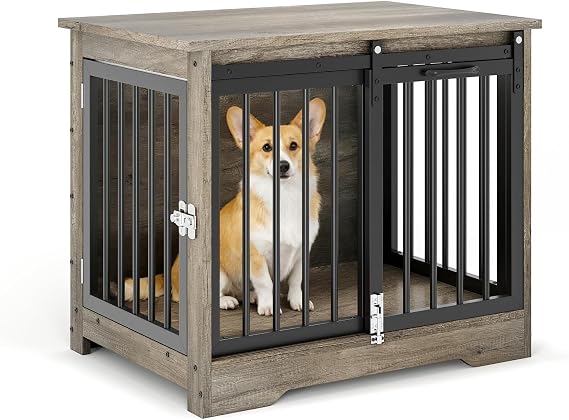 Heavy Duty Wooden Dog Crate Furniture - 32 Inch Indoor Kennel Cage with Sliding Barn Doors & Wheels - Chew-Resistant, Lockable Double Door, Side Table Design for Medium & Large Dogs - Gray
