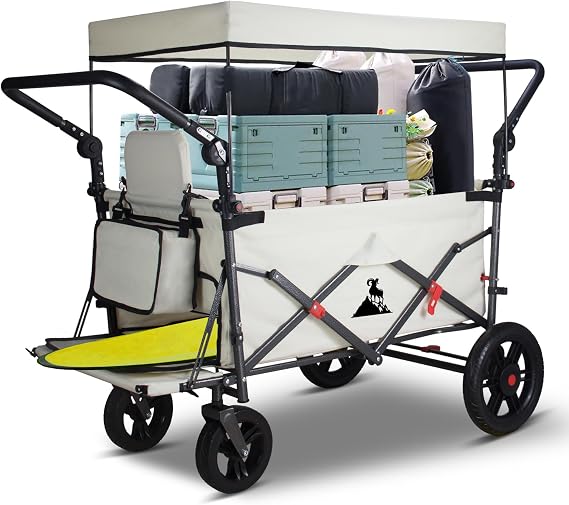Folding Handcart Trolley, Folding Camping Wagon with Canopy & 2 Folable Seats, Collapsible Beach Cart Foldable for Outdoor Garden Picnic Shopping 265LBS Capacity (Beige)