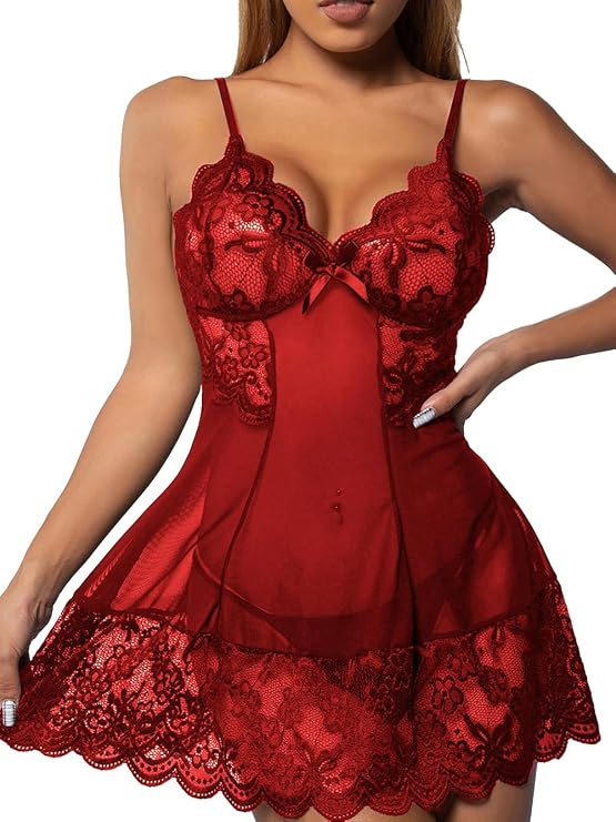 Women Lingerie Set Lace Babydoll Chemise Night Dress Sleepwear Nightwear with G-String S-XXL