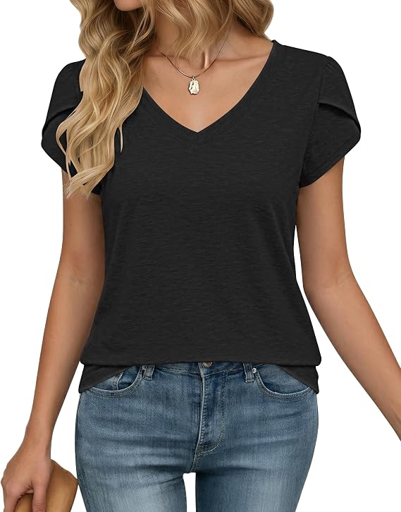 WNEEDU Women V Neck Petal Sleeve Casual Summer T-Shirts