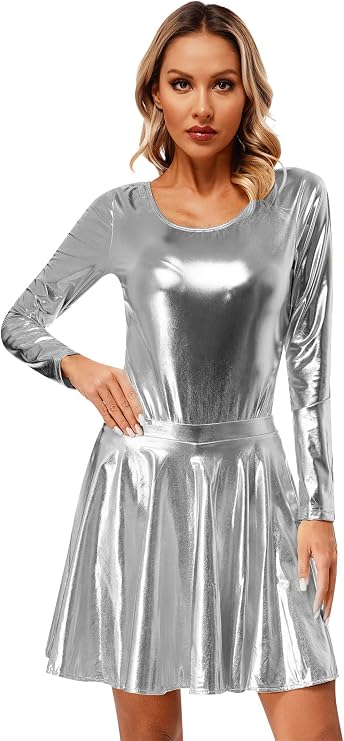 Women's Shiny Metallic Long Sleeve Round Neck Leotard High Waist Flare Skirt Performance
